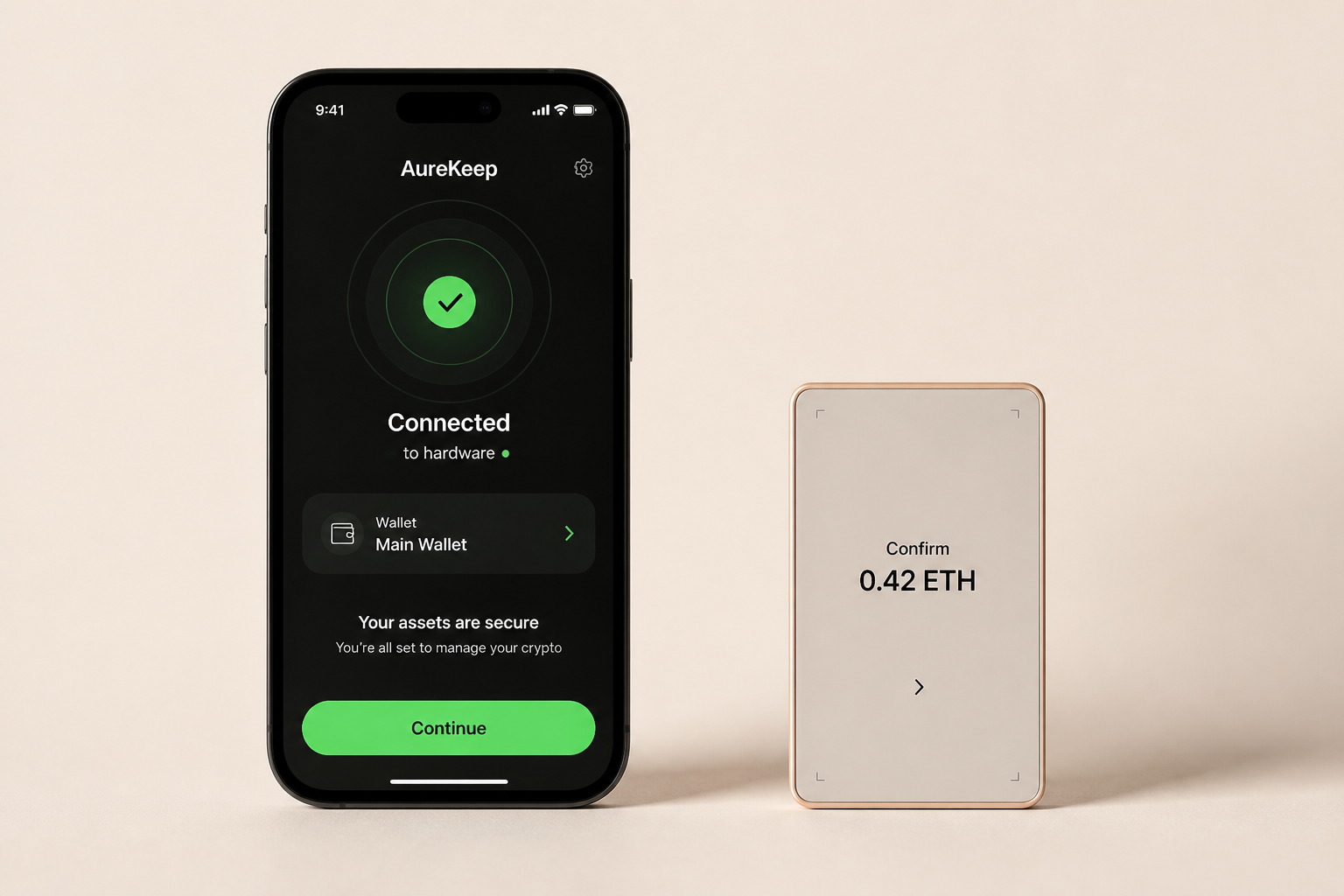 AureKeep phone showing a Connected hardware screen beside a thin MagSafe-scale e-ink companion